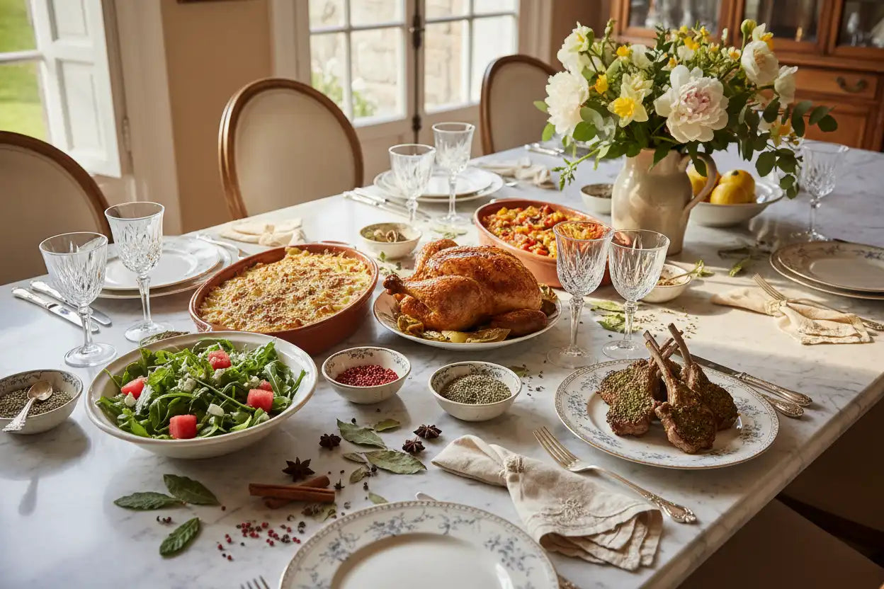 Dining table set with a meal including a roasted chicken, salad, and various dishes in a home setting.