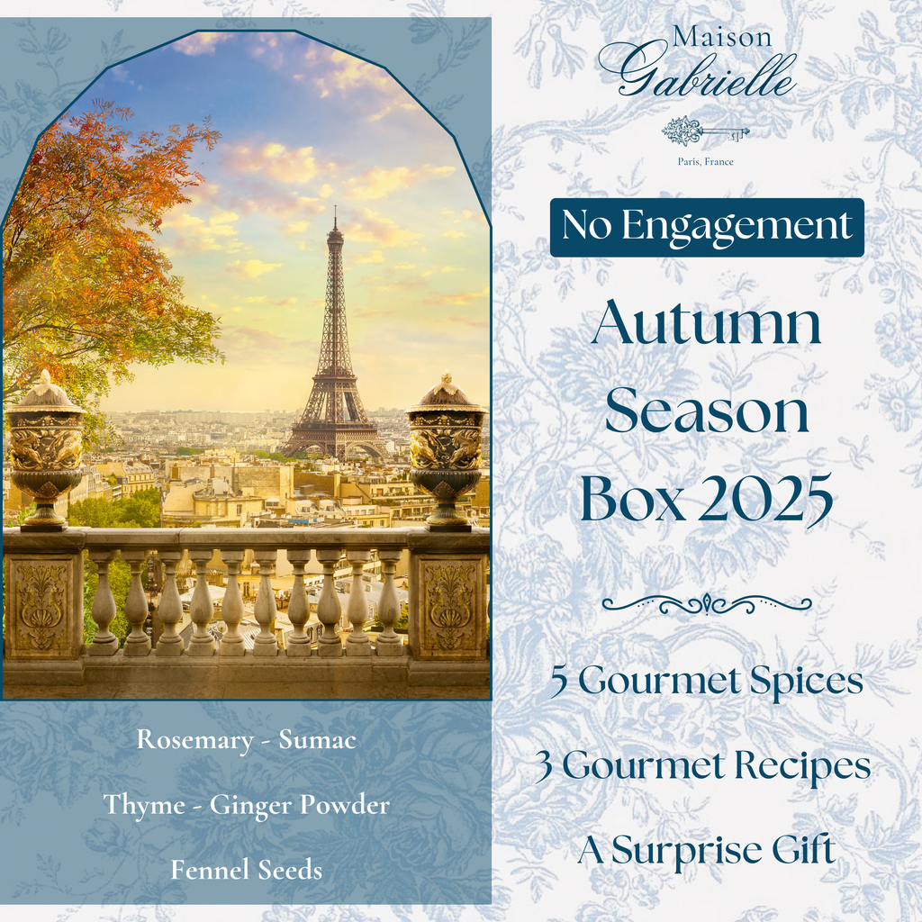 Maison Gabrielle's Autumn Season Box 2025, Featuring an Architectural View of the Eiffel Tower in Fall, Toile de Jouy Patterns, and a List of Included Spices: Rosemary, Sumac, Thyme, Ginger Powder, and Fennel Seeds