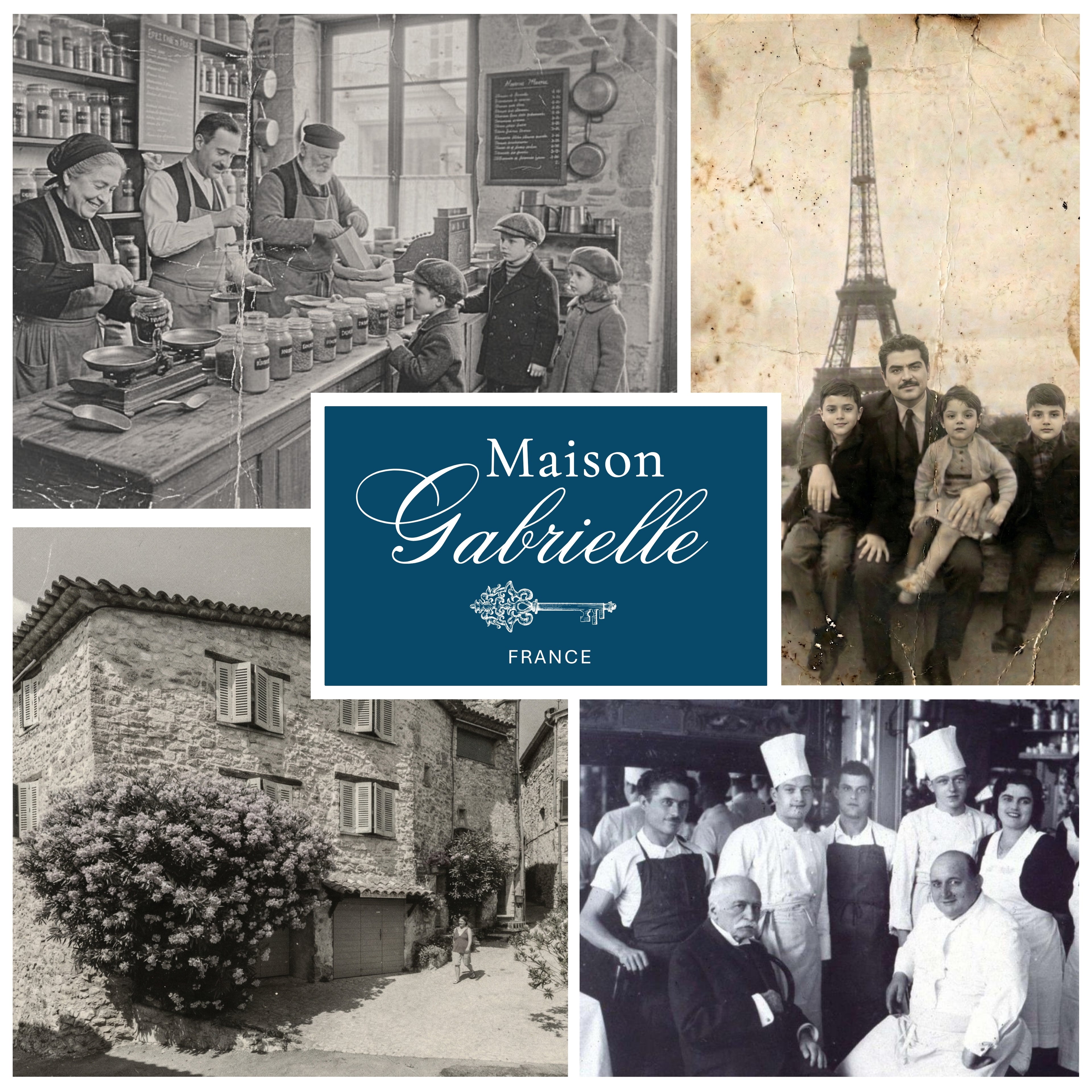 Maison Gabrielle Heritage Collage Featuring Vintage Black and White Photos of French Artisans, a Traditional Stone House, Family in Paris, and Chefs Representing the Brand's History in France