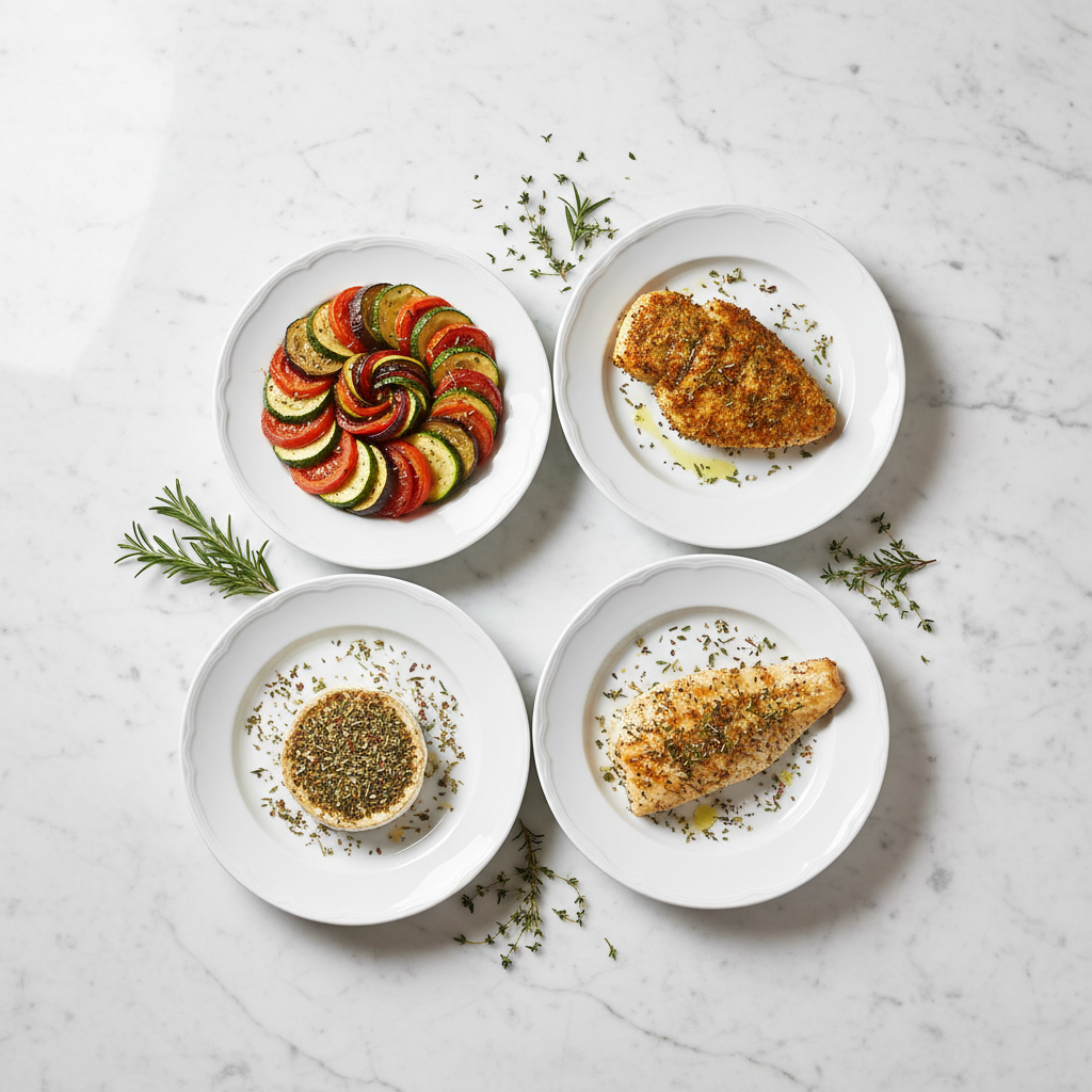 Top-Down View of Four Gourmet Dishes Featuring Maison Gabrielle Herbes de Provence: Traditional Layered Ratatouille, Herb-Crusted Chicken, Seasoned Fish Fillet, and Infused Goat Cheese on White Marble