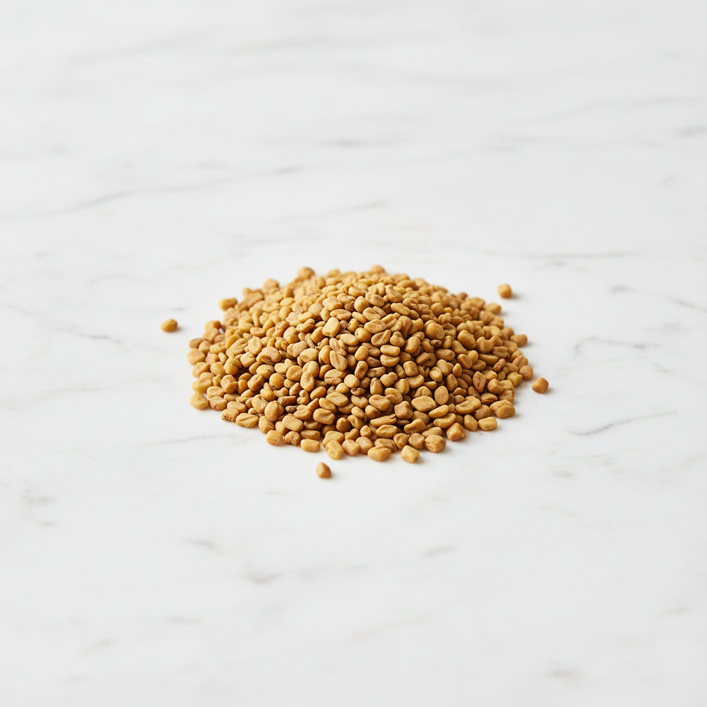 Side Perspective Shot of Maison Gabrielle Premium Fenugreek Seeds on White Marble, Highlighting the Natural Golden-Brown Color and Distinctive Angular Shape of the Artisanal Spice